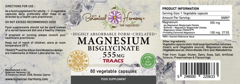 Botanical Harmony Magnesium Bisglycinate 555mg, 60 Vegetable Capsules - Image 2