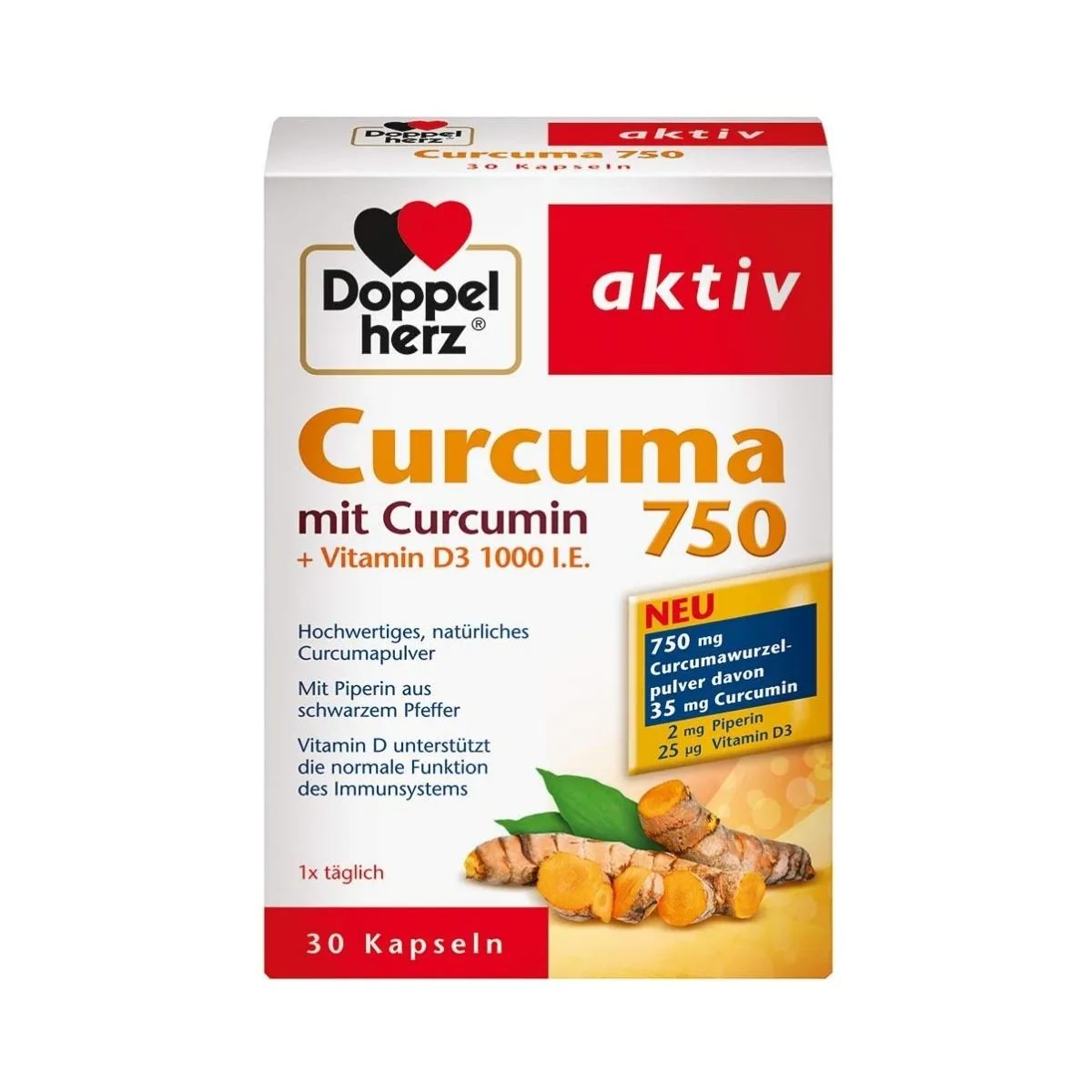 Doppelherz Curcuma 750 with Curcumin and Vitamin D3, 30 Capsules